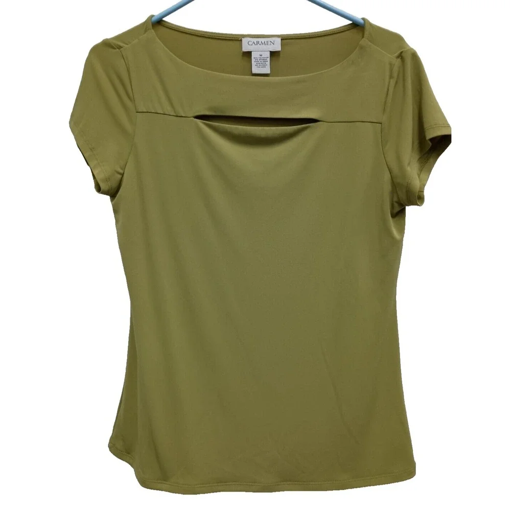 Carmen Marc Valvo Womens Top Medium Green Short Sleeve Cutout Carrier Office - Picture 1 of 7